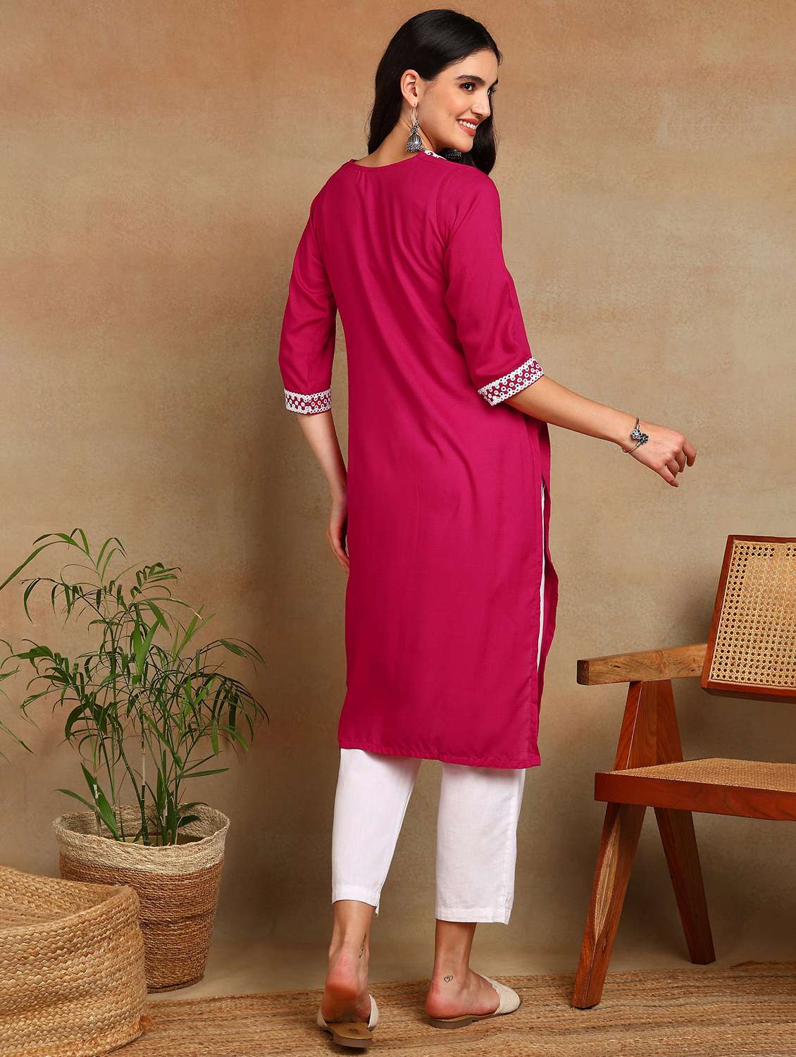 women solid with work three quarter sleeve a-line kurta - 22141629 -  Standard Image - 3