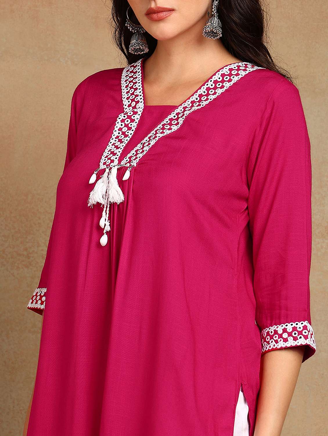 women solid with work three quarter sleeve a-line kurta - 22141629 -  Standard Image - 5