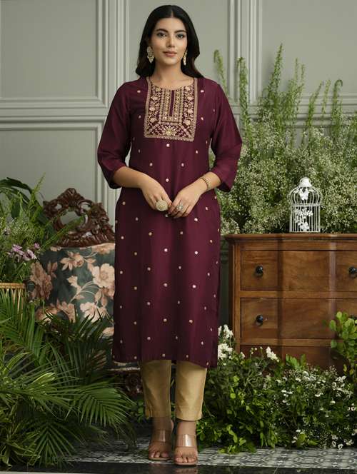 women solid with work three quarter sleeve straight kurta - 22141630 - Standard Image - 0