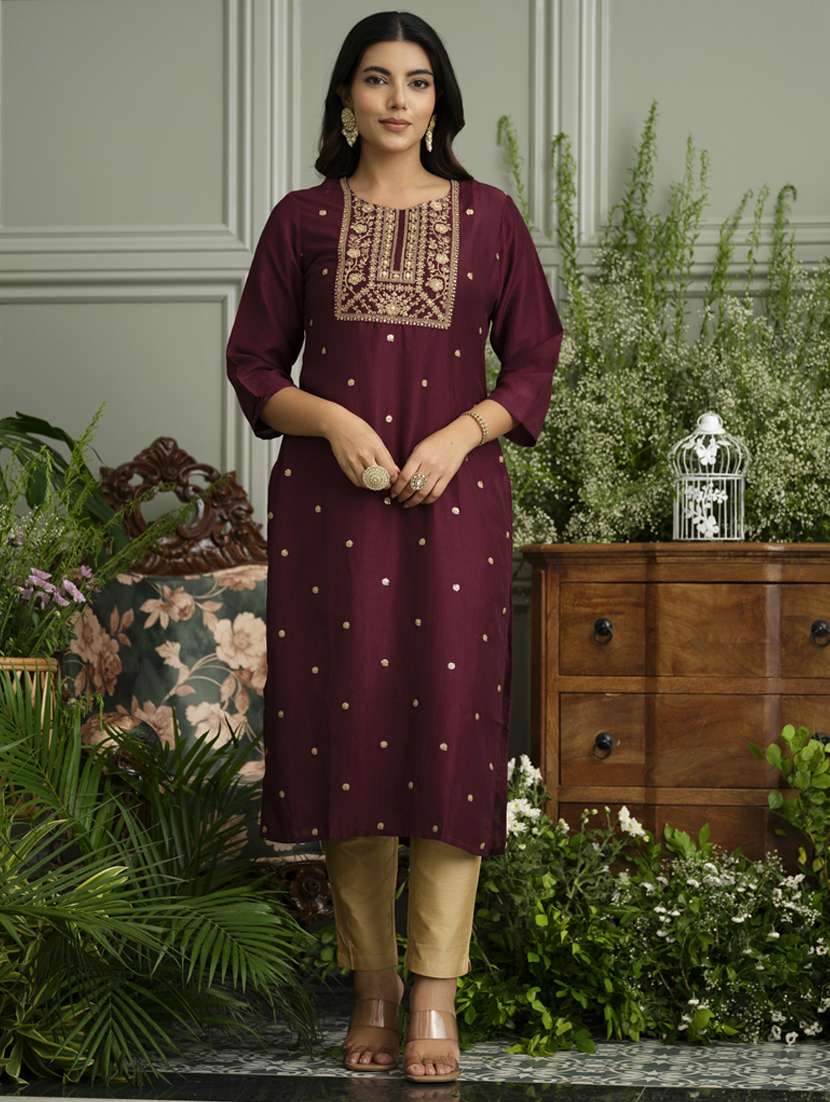 women solid with work three quarter sleeve straight kurta - 22141630 - Zoom Image - 0