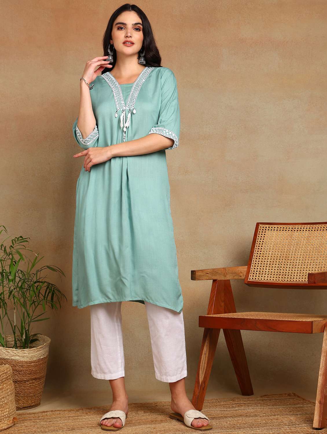 women solid with work three quarter sleeve a-line kurta - 22141631 -  Zoom Image - 0