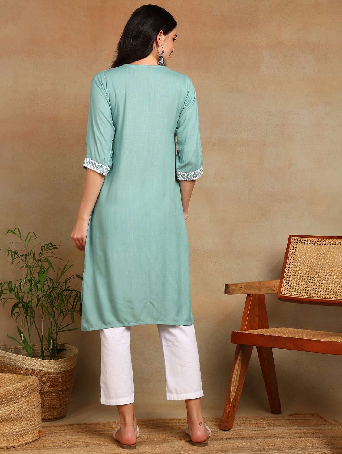 women solid with work three quarter sleeve a-line kurta - 22141631 -  Standard Image - 3