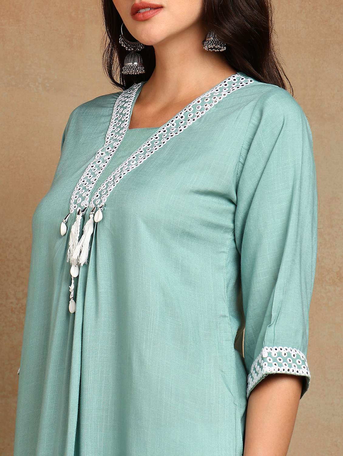 women solid with work three quarter sleeve a-line kurta - 22141631 -  Standard Image - 5