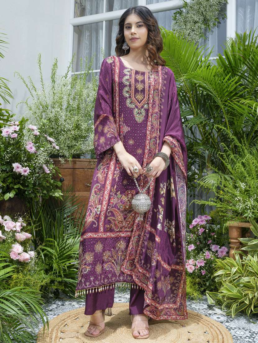women printed long sleeve kurta pant with dupatta set