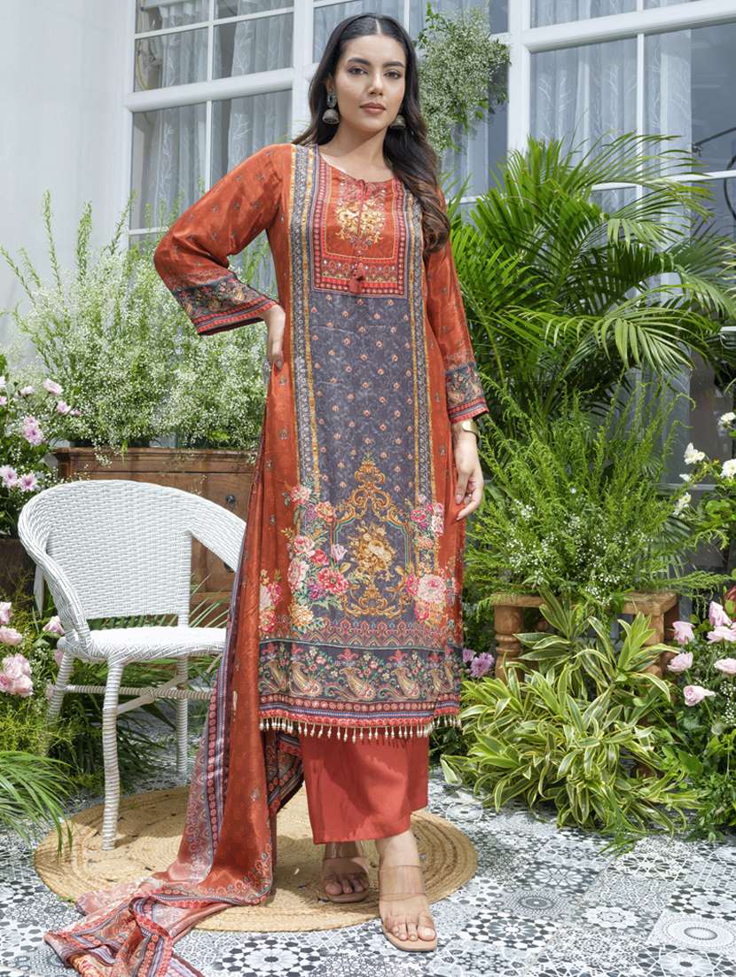 women printed long sleeve kurta pant with dupatta set