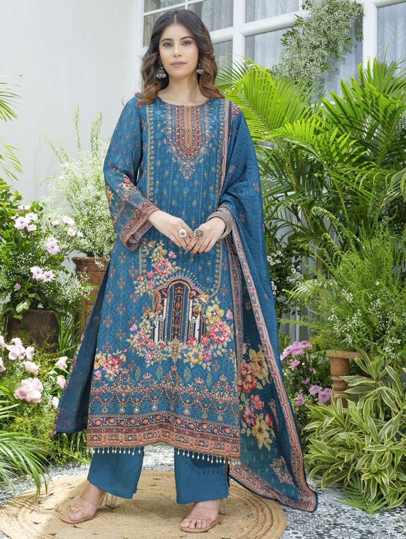 women printed long sleeve kurta pant with dupatta set