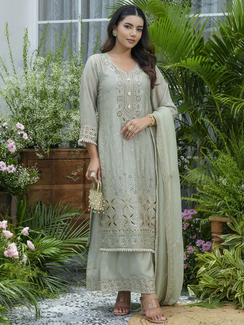 women embroidered long sleeve kurta palazzo with dupatta set