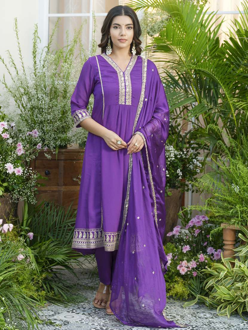 women embroidered three quarter sleeve kurta pant with dupatta set - 22141652 -  Zoom Image - 0