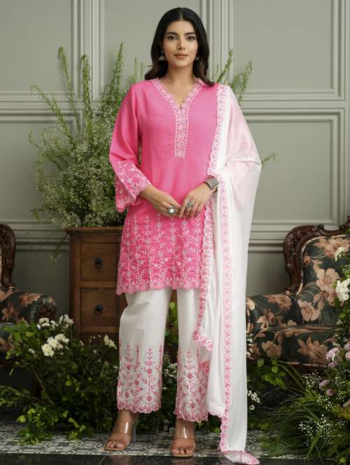 women embroidered three quarter sleeve kurta pant with dupatta set - 22141656 - Standard Image - 0