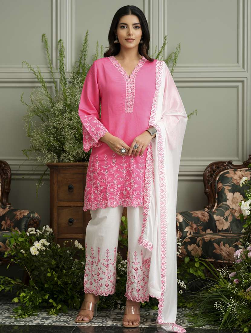 women embroidered three quarter sleeve kurta pant with dupatta set - 22141656 - Zoom Image - 0