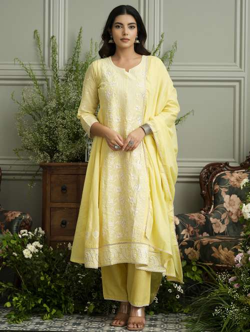 women solid with work three quarter sleeve kurta pant with dupatta set - 22141657 -  Standard Image - 0