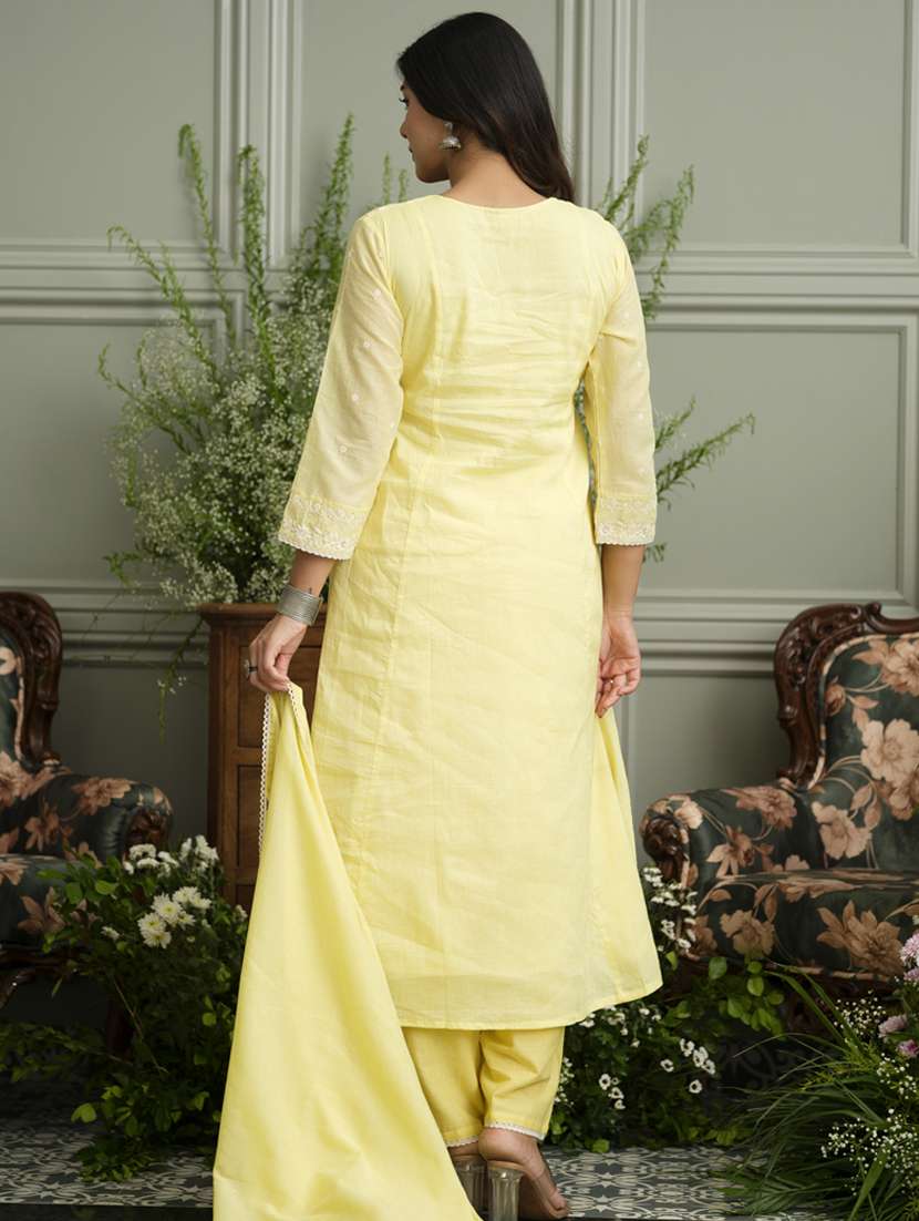women solid with work three quarter sleeve kurta pant with dupatta set - 22141657 -  Standard Image - 3