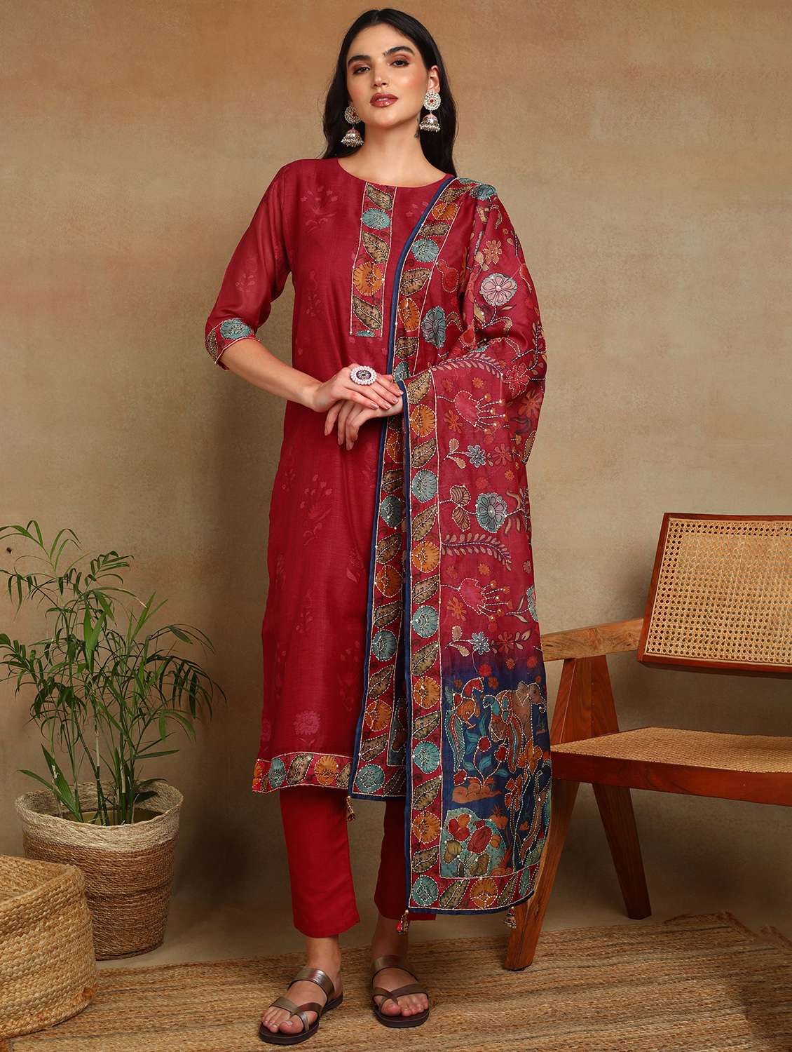 women floral three quarter sleeve kurta pant with dupatta set - 22141662 -  Zoom Image - 0