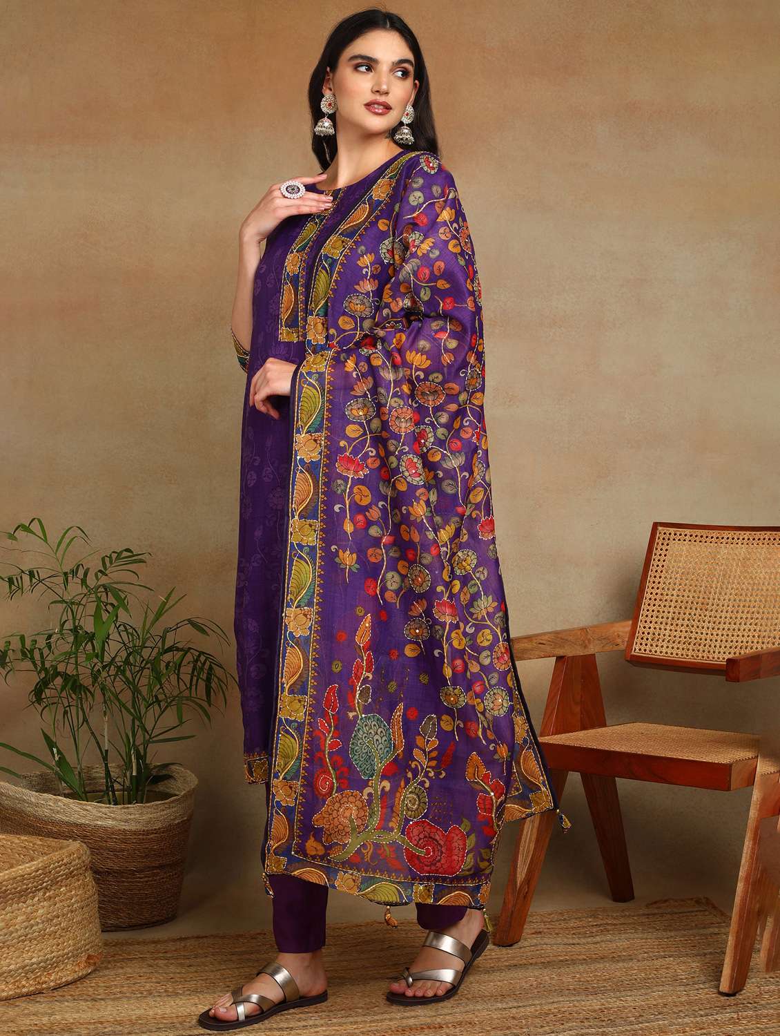 women floral three quarter sleeve kurta pant with dupatta set - 22141663 - Standard Image - 3