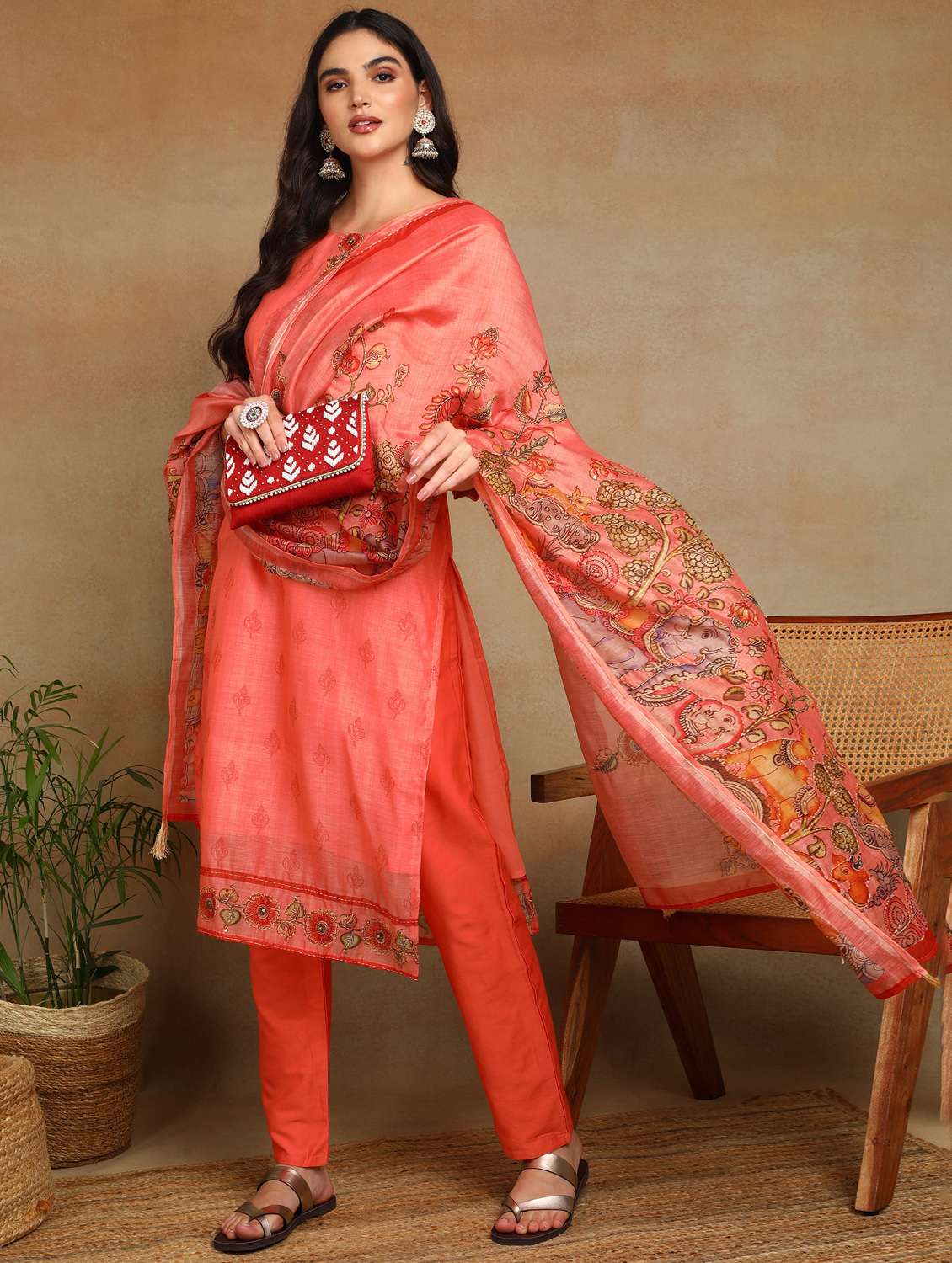 women floral three quarter sleeve kurta pant with dupatta set