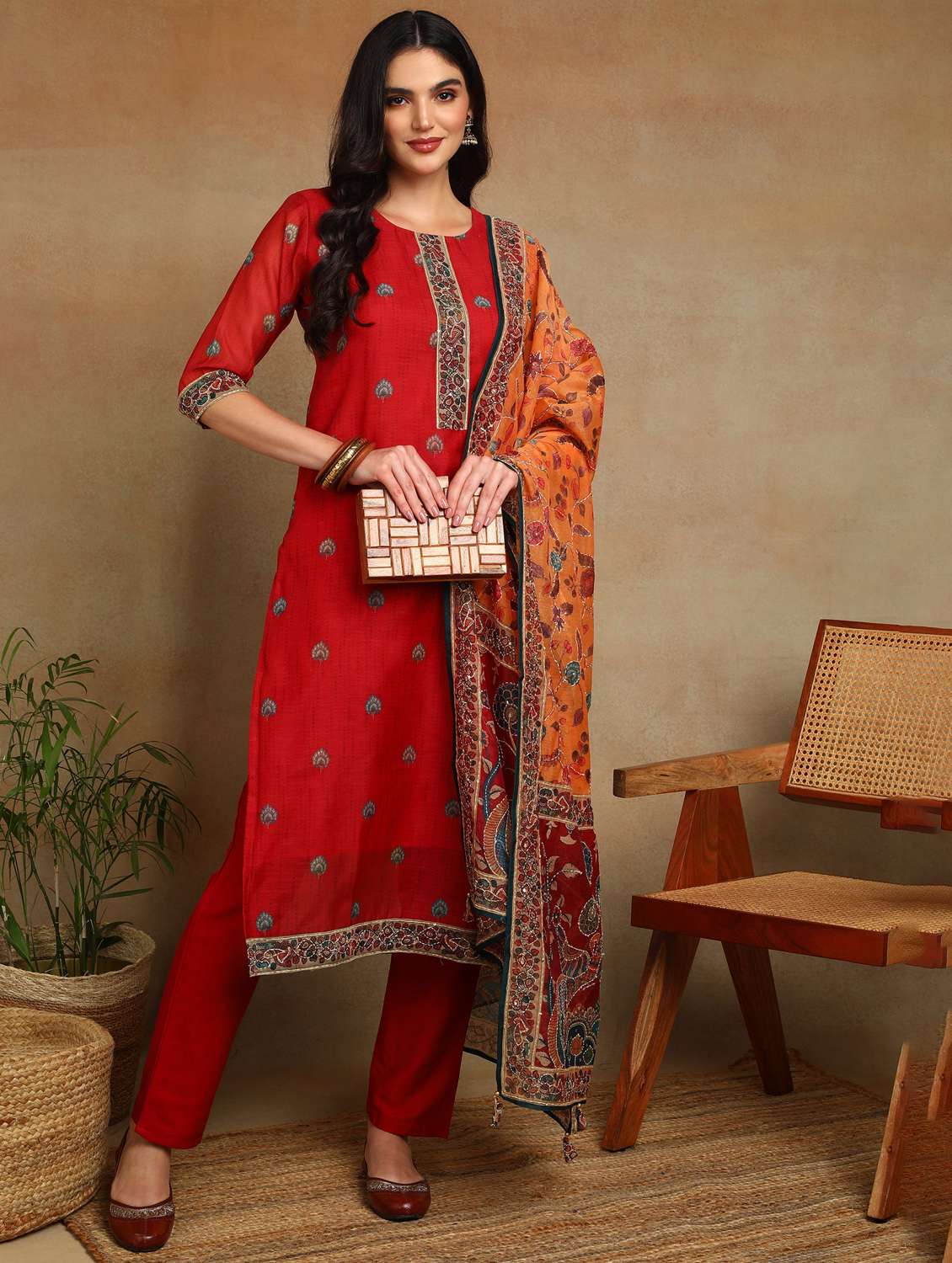 women printed three quarter sleeve kurta pant with dupatta set - 22141673 - Zoom Image - 0