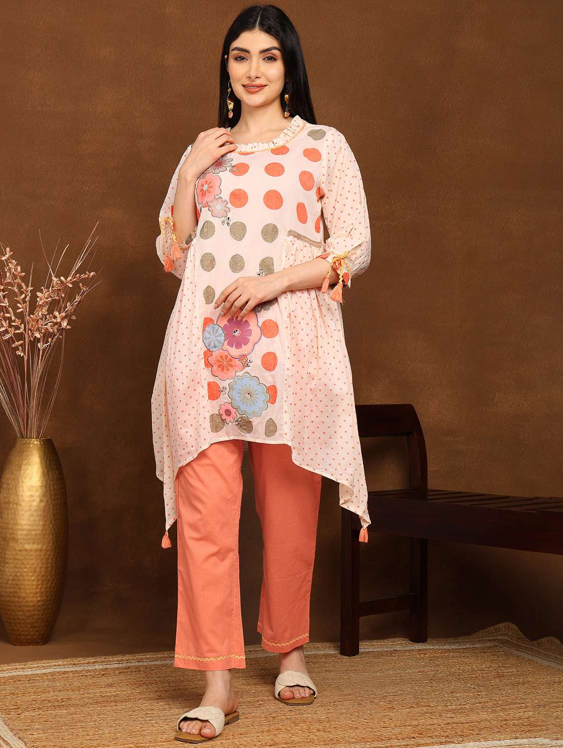 women printed three quarter sleeve ethnic co-ord set