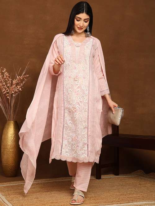 women embroidered three quarter sleeve kurta pant with dupatta set - 22141676 -  Standard Image - 0