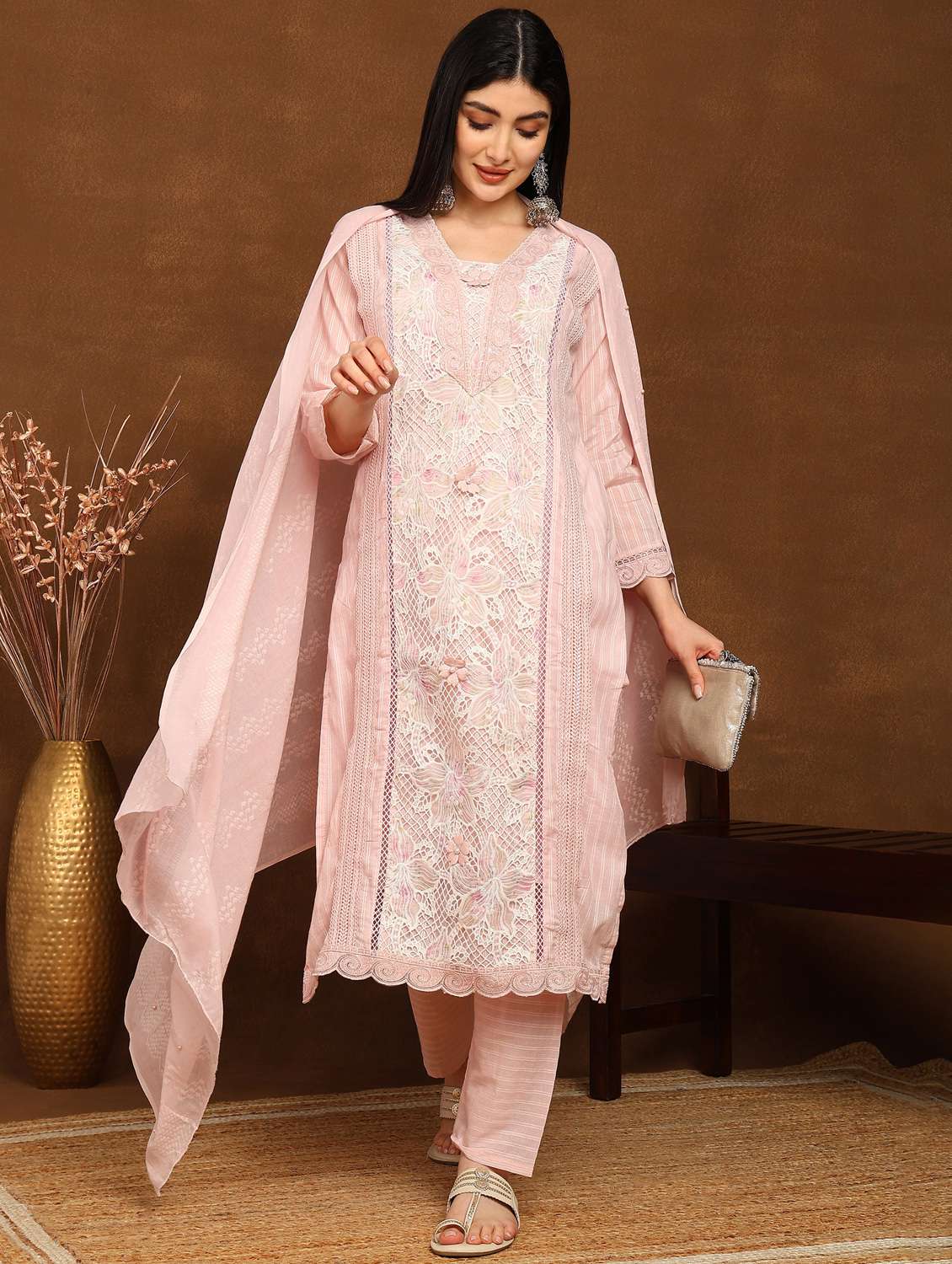 women embroidered three quarter sleeve kurta pant with dupatta set
