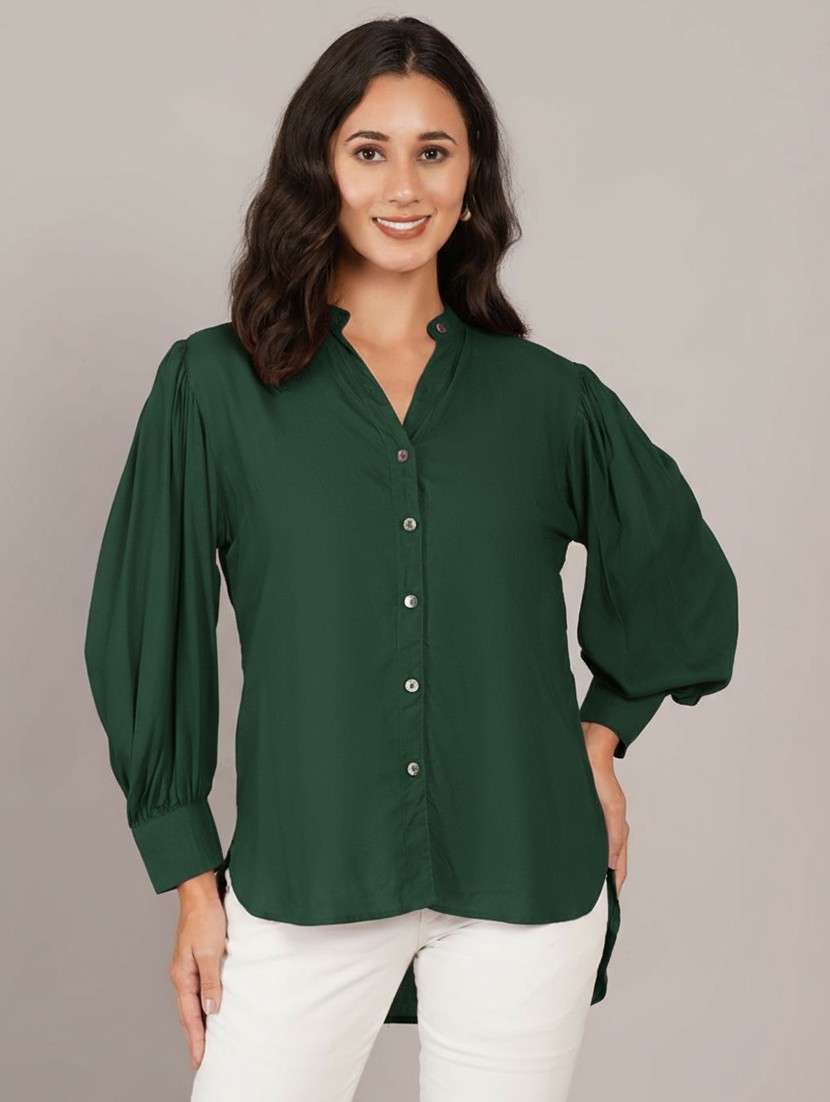 women solid puff sleeve high low shirt