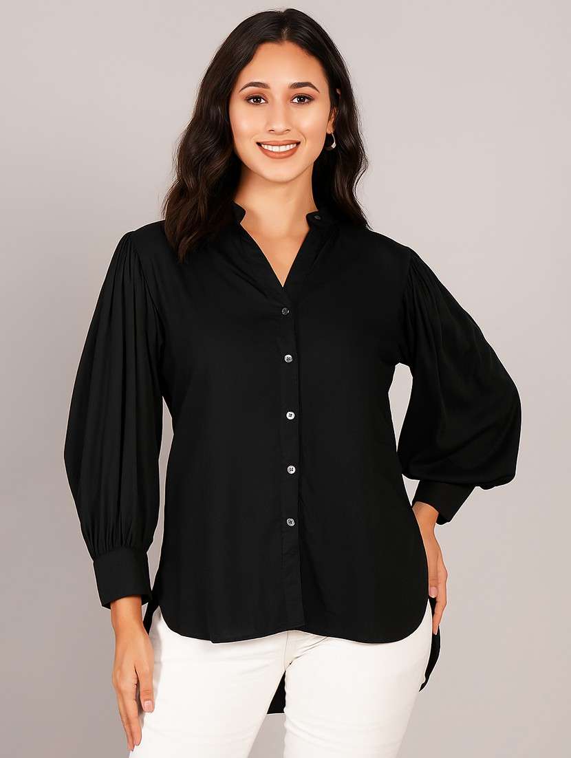 women solid puff sleeve high low shirt