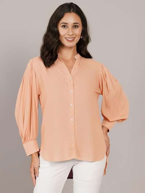 women solid puff sleeve high low shirt - 22141764 - Standard Image - 0
