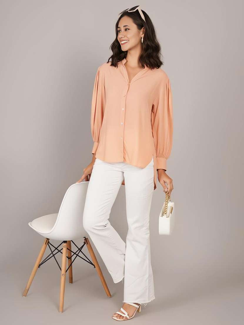 women solid puff sleeve high low shirt - 22141764 - Standard Image - 3