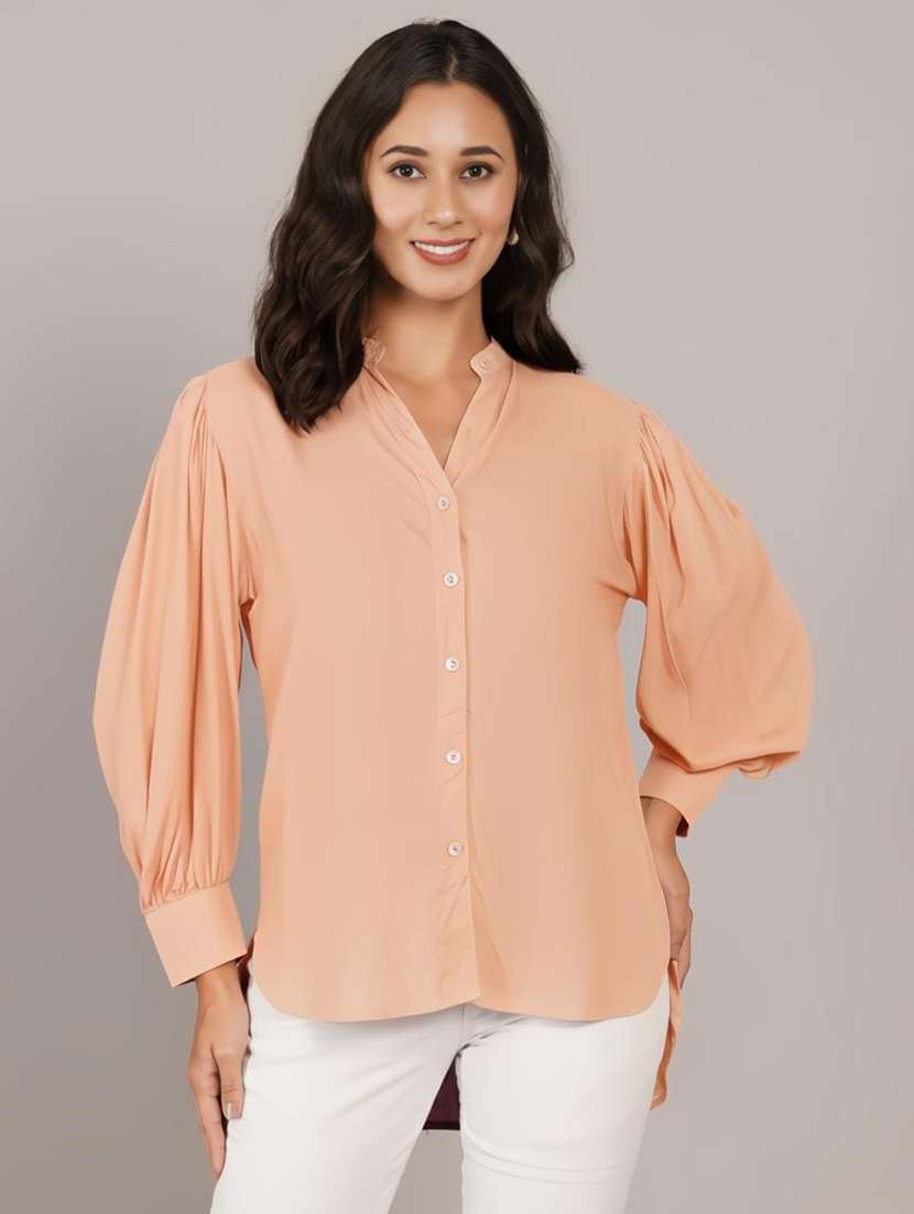 women solid puff sleeve high low shirt