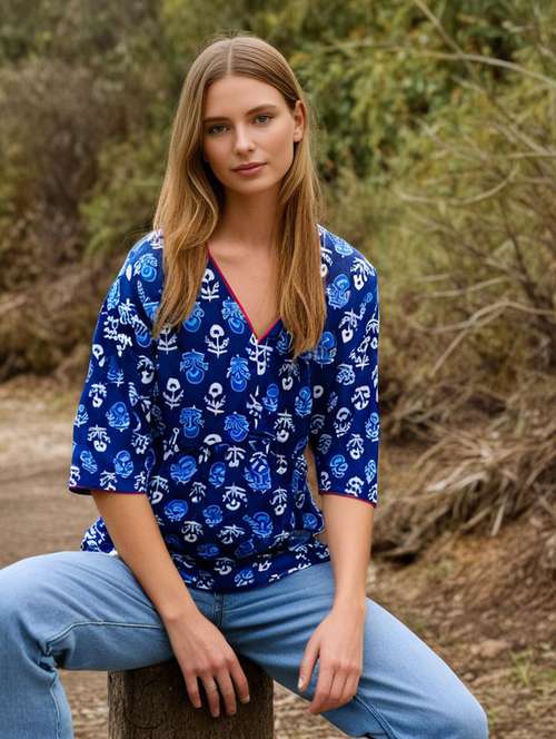 women printed v neck a-line ethnic top - 22141944 -  Standard Image - 0