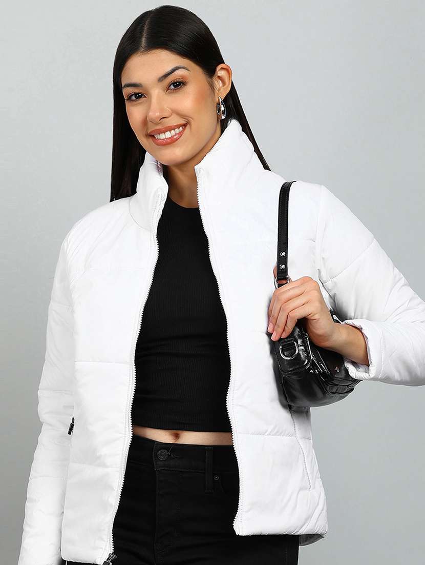 women solid stand collar long sleeve quilted jacket