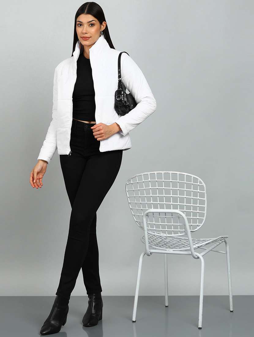 women solid stand collar long sleeve quilted jacket - 22142156 -  Standard Image - 3