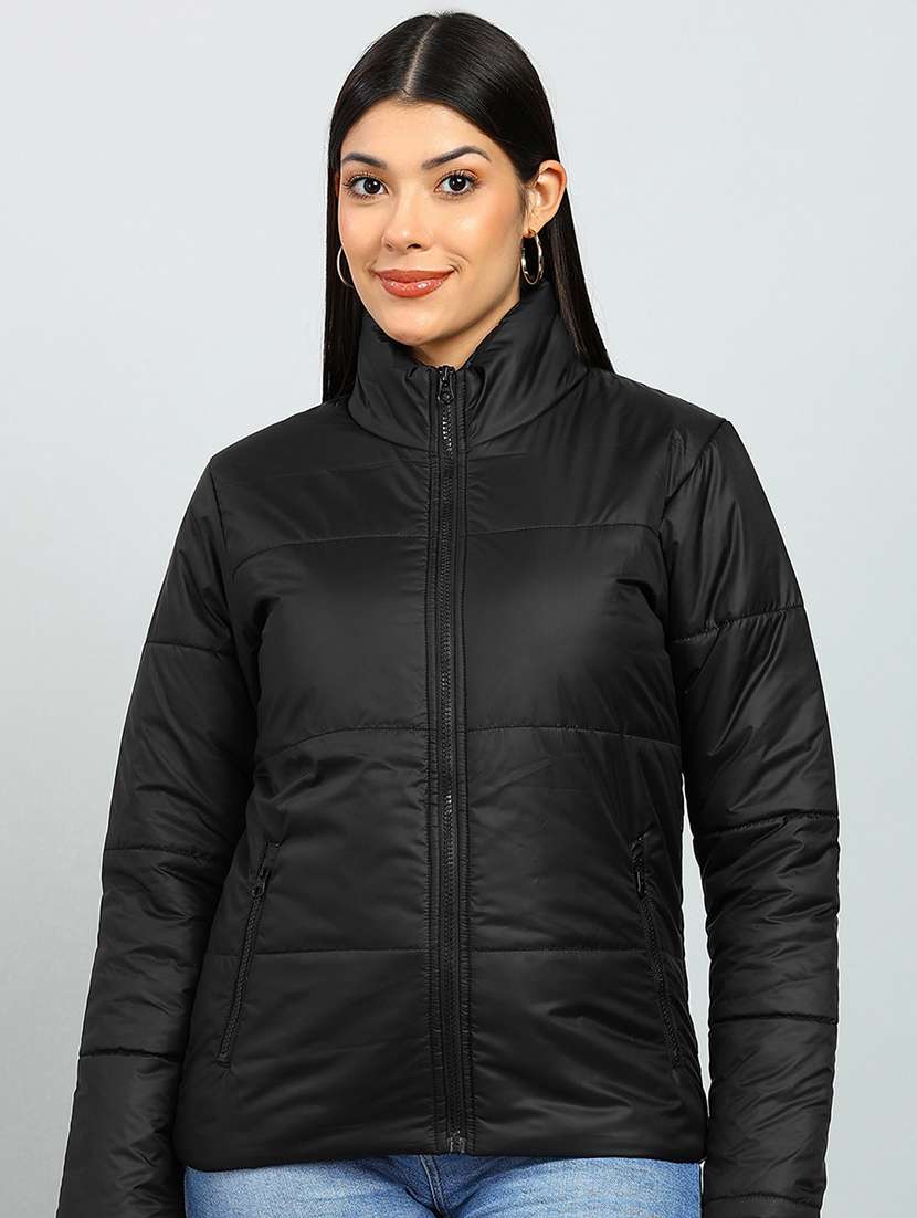 women solid stand collar long sleeve quilted jacket