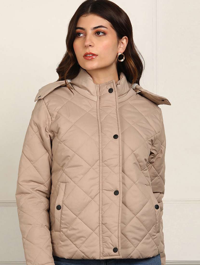 women solid long sleeve hooded quilted jacket