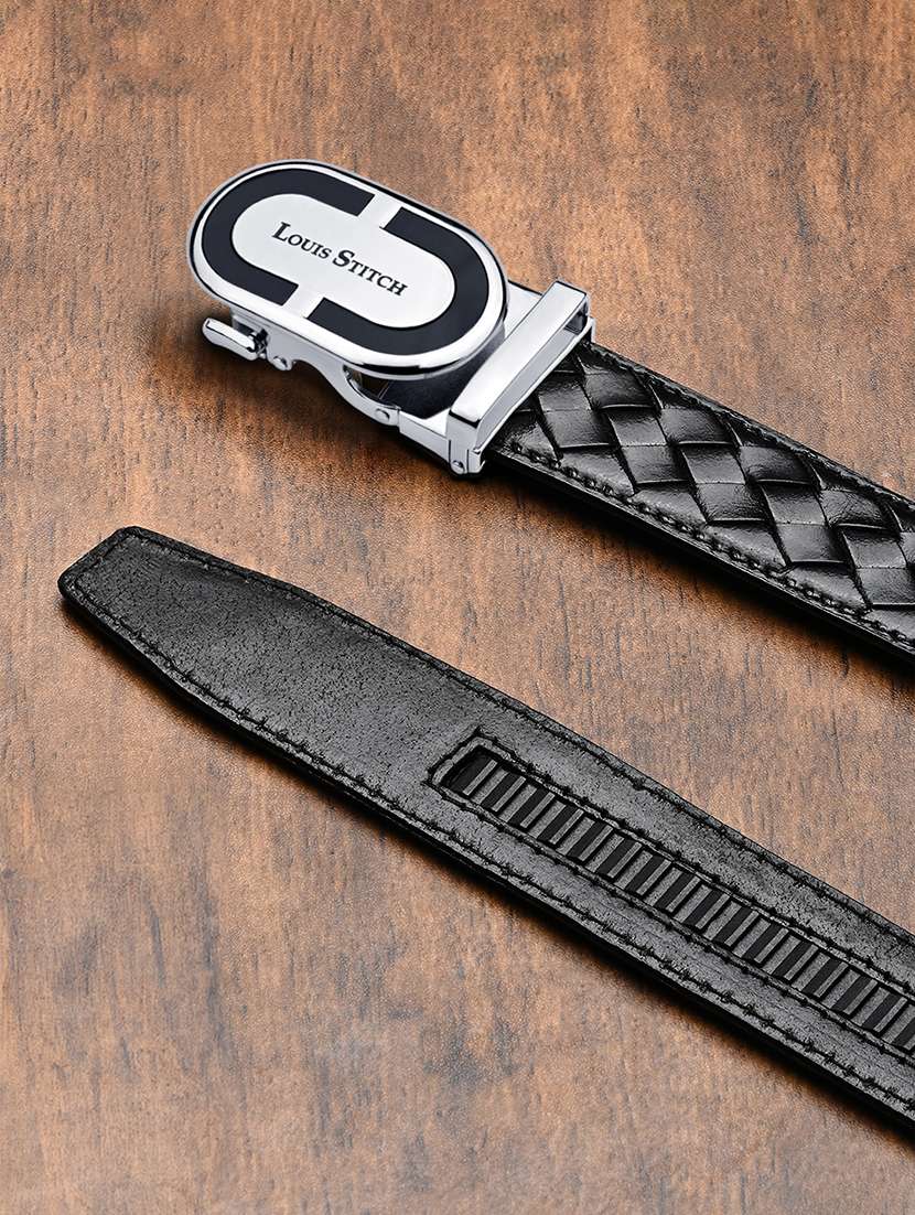 men's black leather automatic buckle weaved belt - 22142203 -  Standard Image - 3