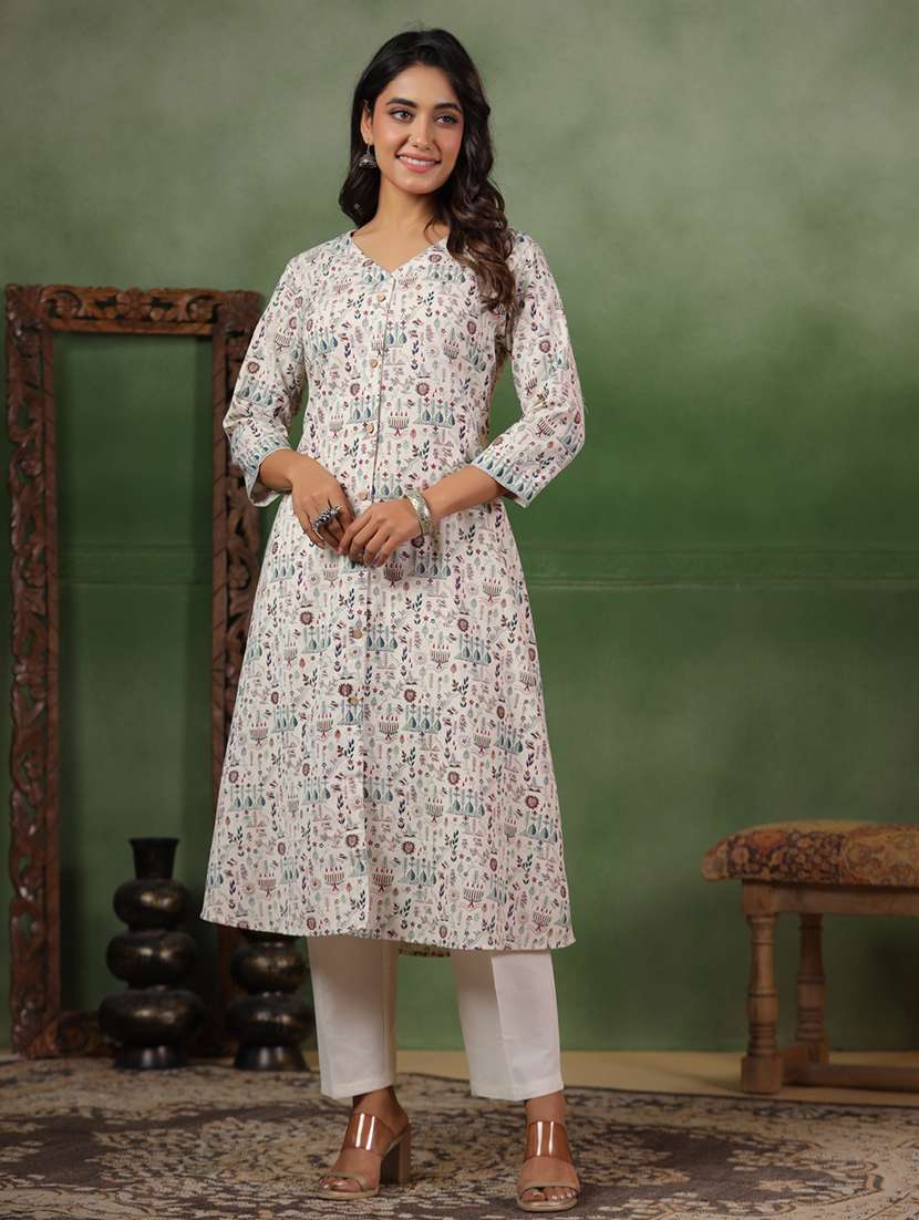 women printed three quarter sleeve a-line kurta