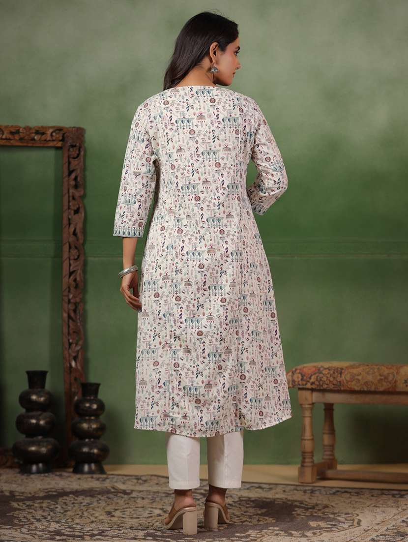 women printed three quarter sleeve a-line kurta - 22142210 -  Standard Image - 3