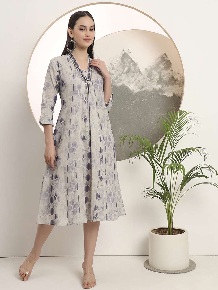 women printed three quarter sleeve a-line ethnic dress