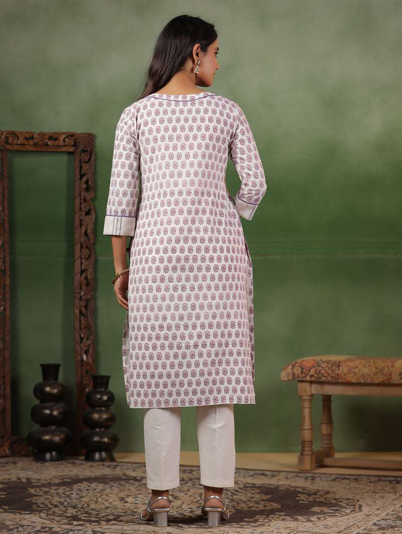 women printed three quarter sleeve a-line kurta - 22142216 -  Standard Image - 3