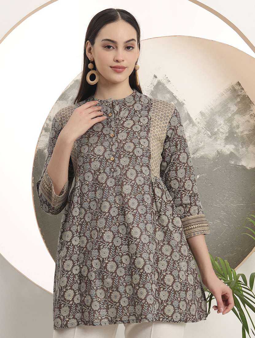 women floral printed three quarter sleeve a-line kurti