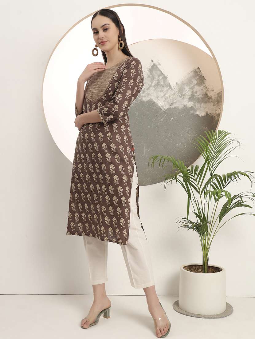 women floral printed three quarter sleeve straight kurta - 22142222 -  Standard Image - 3
