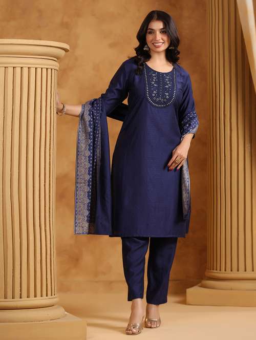 women embroidered three quarter sleeve kurta pant with dupatta set - 22142225 -  Standard Image - 0