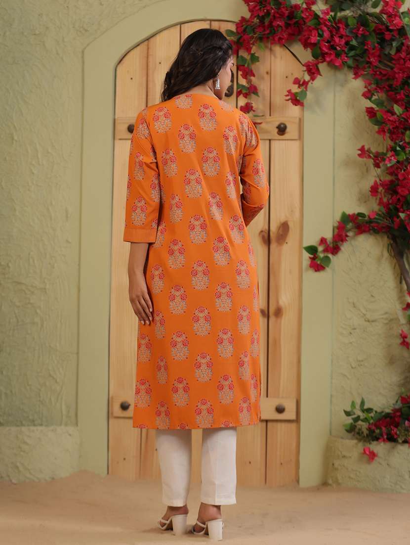 women floral printed three quarter sleeve straight kurta - 22142228 -  Standard Image - 3