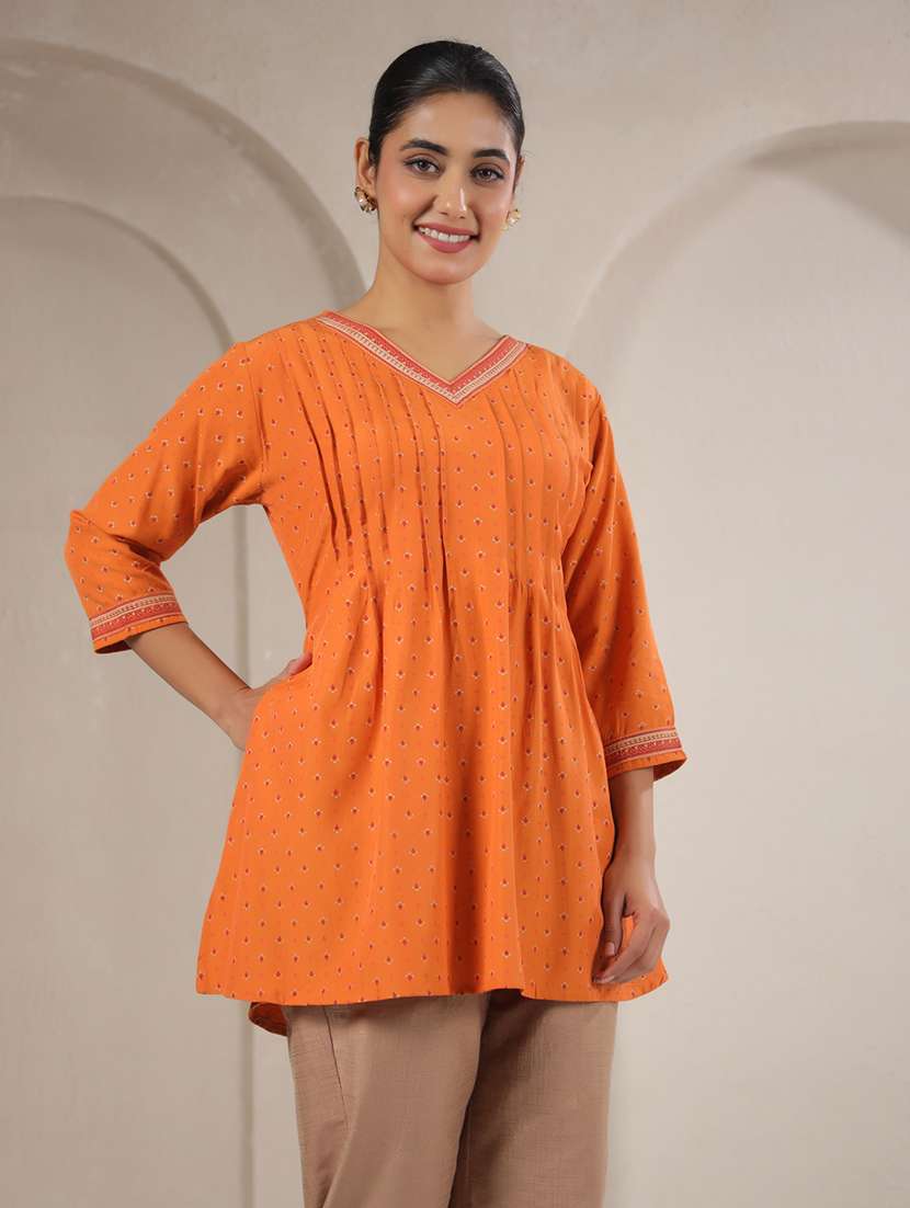 women printed three quarter sleeve a-line kurti