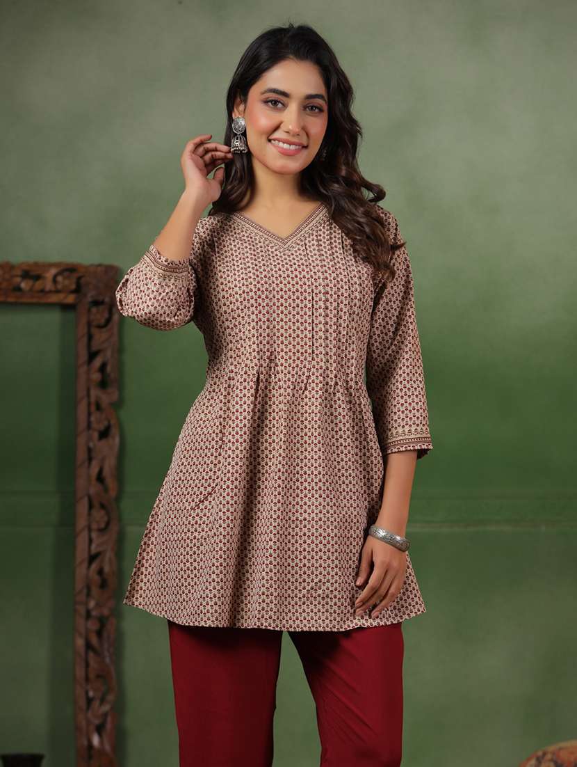 women printed three quarter sleeve a-line kurti