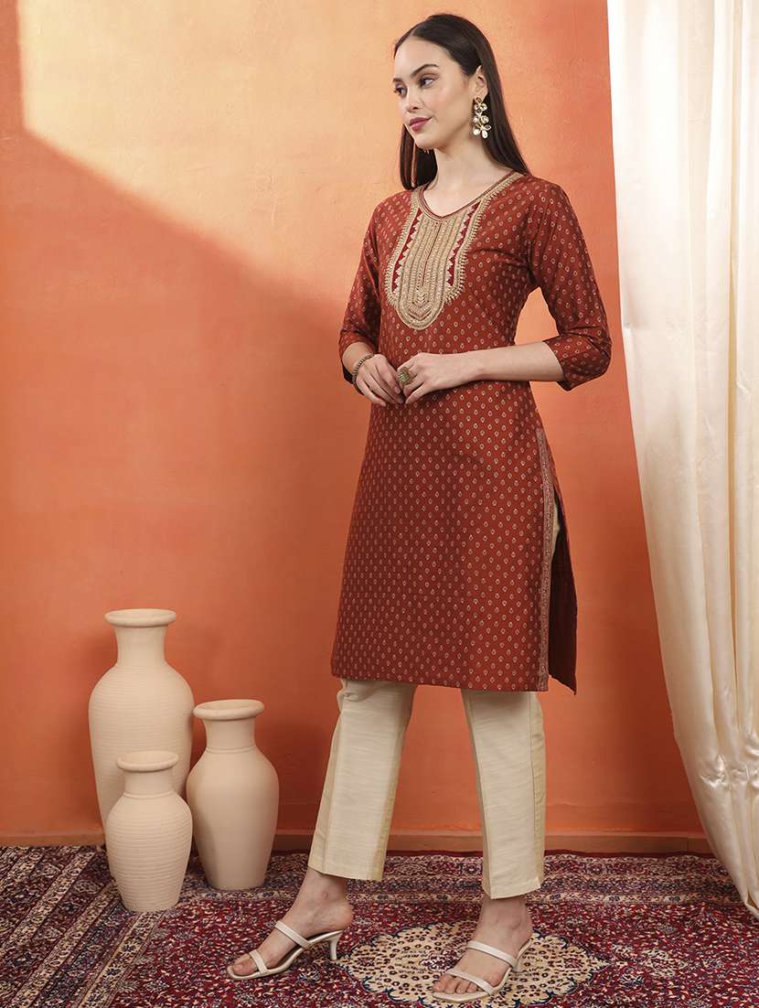women printed three quarter sleeve straight kurta - 22142236 -  Standard Image - 3