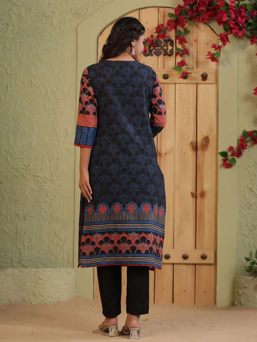 women printed three quarter sleeve straight kurta - 22142240 -  Standard Image - 3