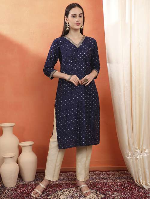 women self design three quarter sleeve straight kurta - 22142249 -  Standard Image - 0