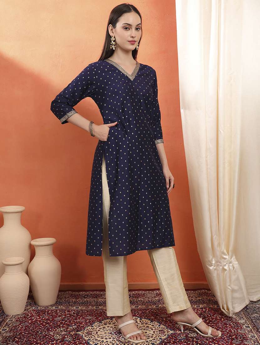 women self design three quarter sleeve straight kurta - 22142249 -  Standard Image - 3