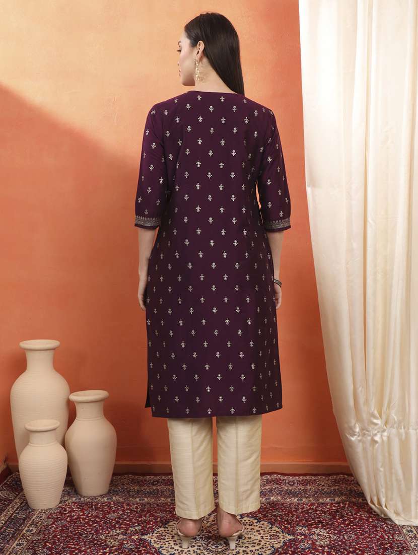 women embroidered three quarter sleeve straight kurta - 22142253 -  Standard Image - 3