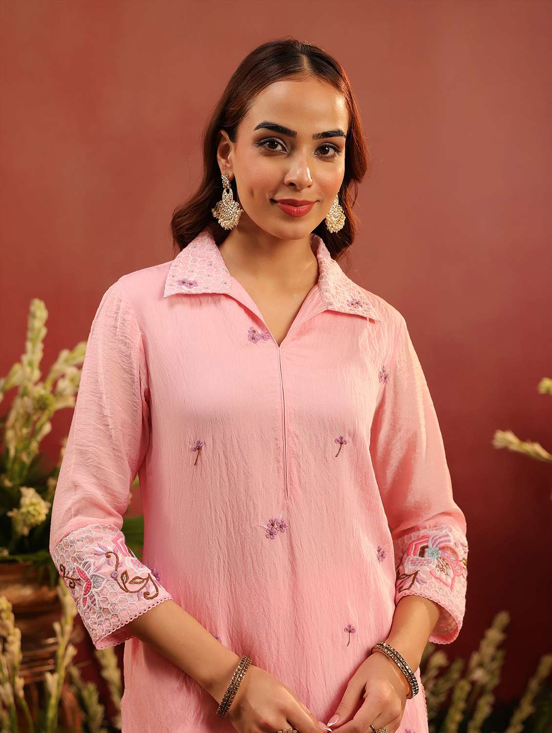 women embroidered three quarter sleeve kurta pant set - 22142265 - Standard Image - 3